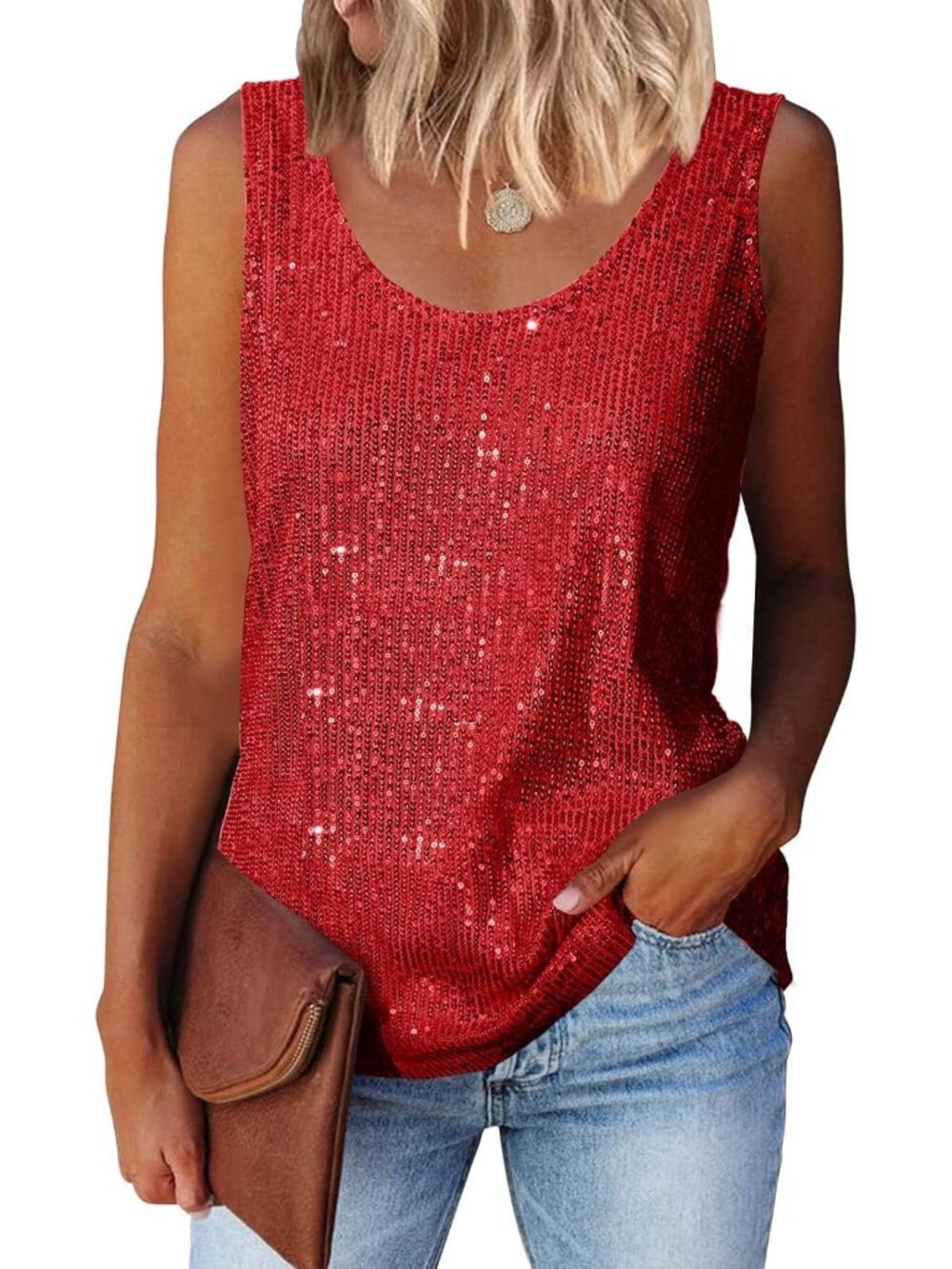 🆕Women's Dark Red Sequin Tank Tops Scoop Neck Sequin Sparkle Shimmer Blouse